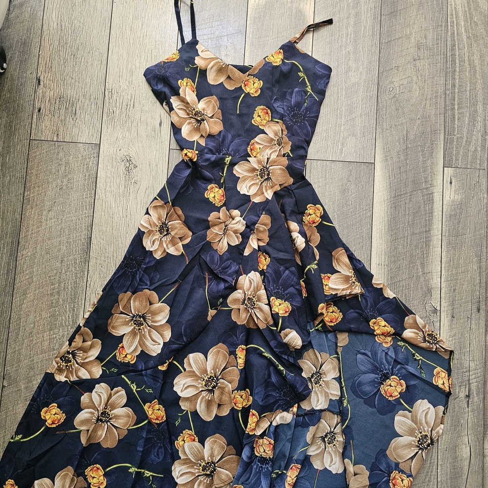 Floral High Low Dress in Navy and Tan